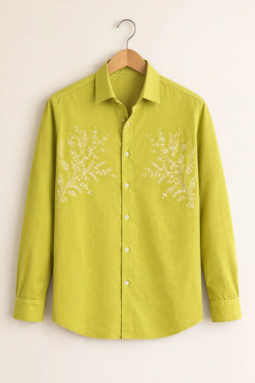 Men’s Green Embroidered Printed Cotton Shirt