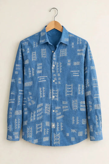 Men’s Blue Ethnic Printed Cotton Shirt