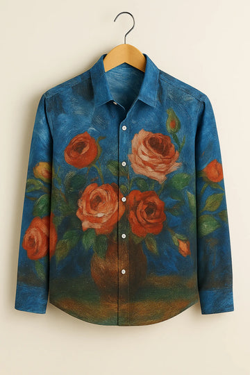 Vintage Rose Painting Cotton Shirt