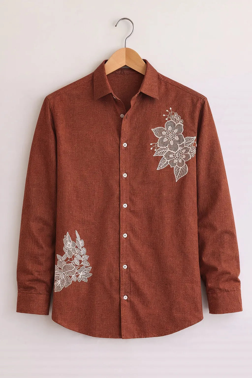 Men’s Rust Brown Embroidered Cotton Shirt