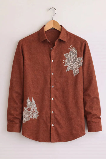 Men’s Rust Brown Embroidered Cotton Shirt