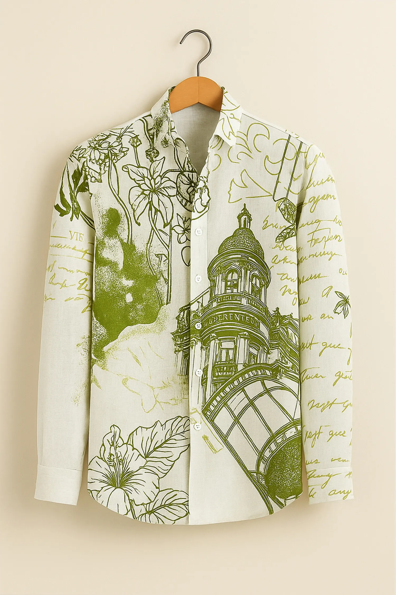 Olive Architectural Print Cotton Shirt