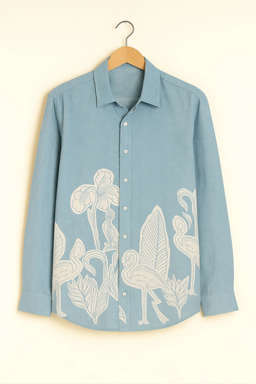 Botanical Flamingo Blue Cotton Shirt