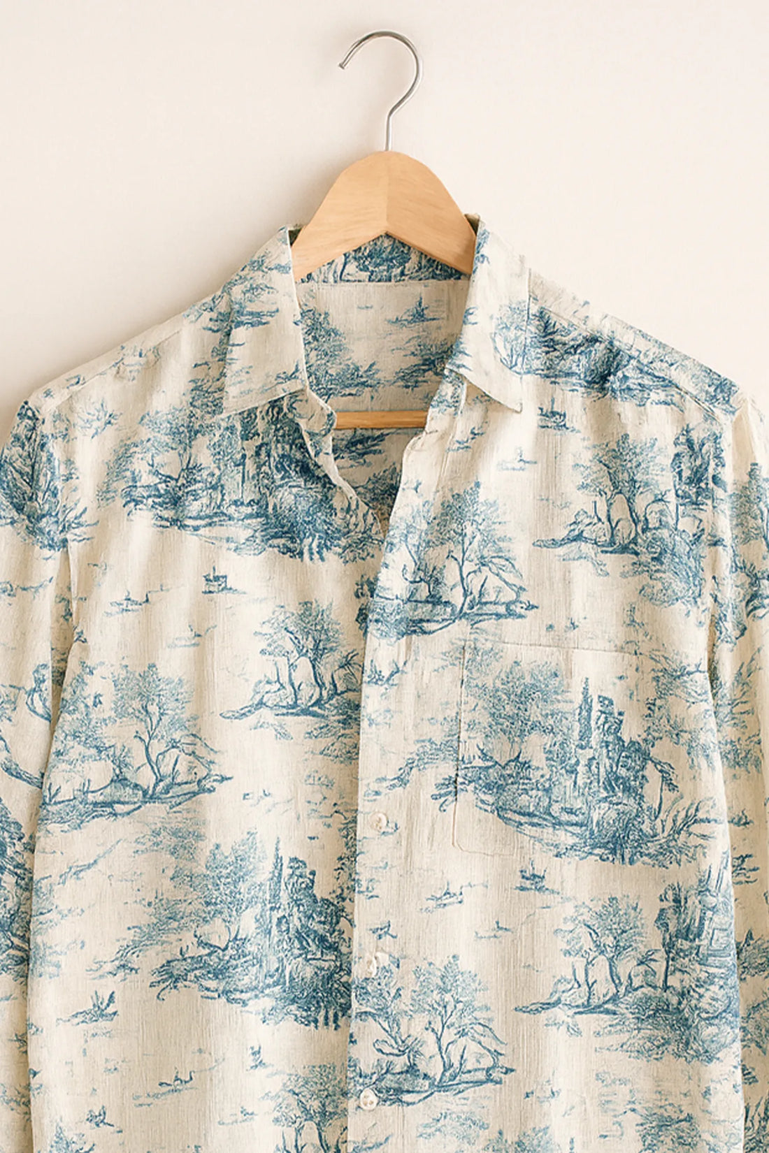 Vintage Blue Landscape Printed Full Sleeve Cotton Shirt for Men – Artistic Countryside Pattern on Cream Canvas with Rustic Detailing