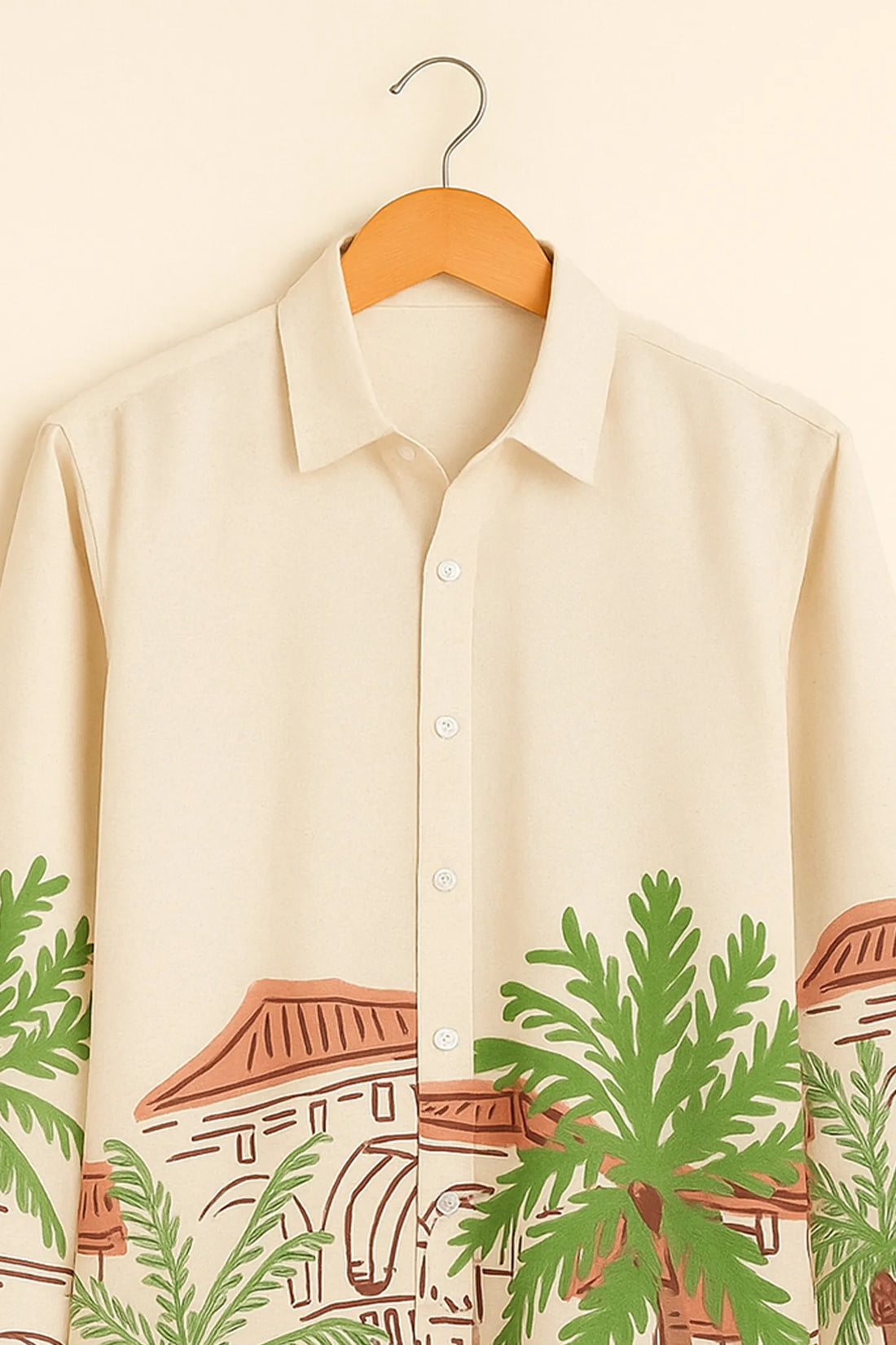 Tropical Green Palm Tree Printed Full Sleeve Cotton Shirt for Men – Minimal Cream Base with Nature-Inspired Detailing