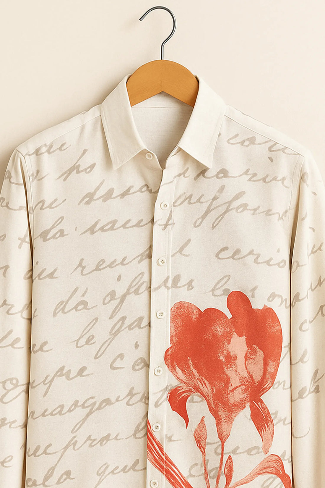 Classic French Script & Scarlet Floral Printed Cotton Shirt for Men – Artistic Handwriting Design on Cream Base