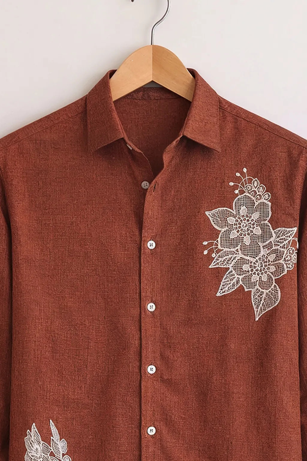 Men’s Rust Brown Embroidered Cotton Shirt