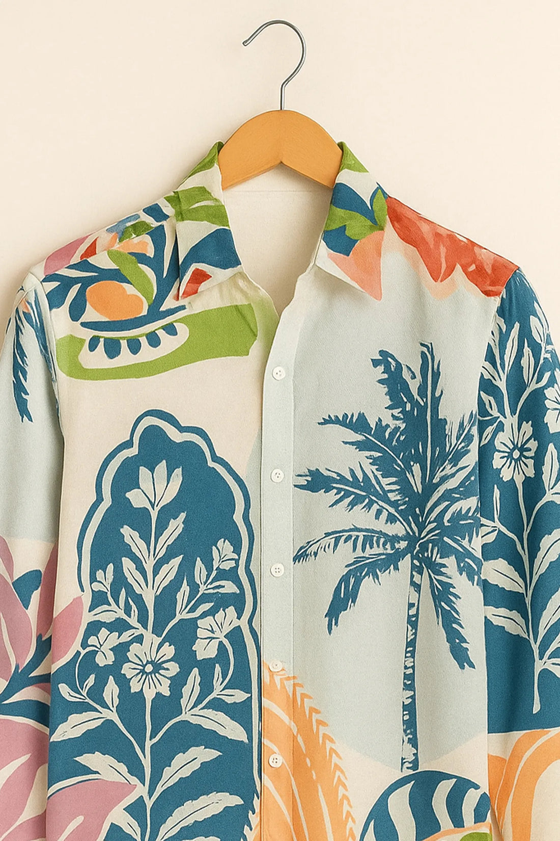 Tropical Oasis Multicolor Palm & Floral Printed Full Sleeve Cotton Shirt for Men – Handcrafted Artistic Resort Wear with Vibrant Nature-Inspired Design