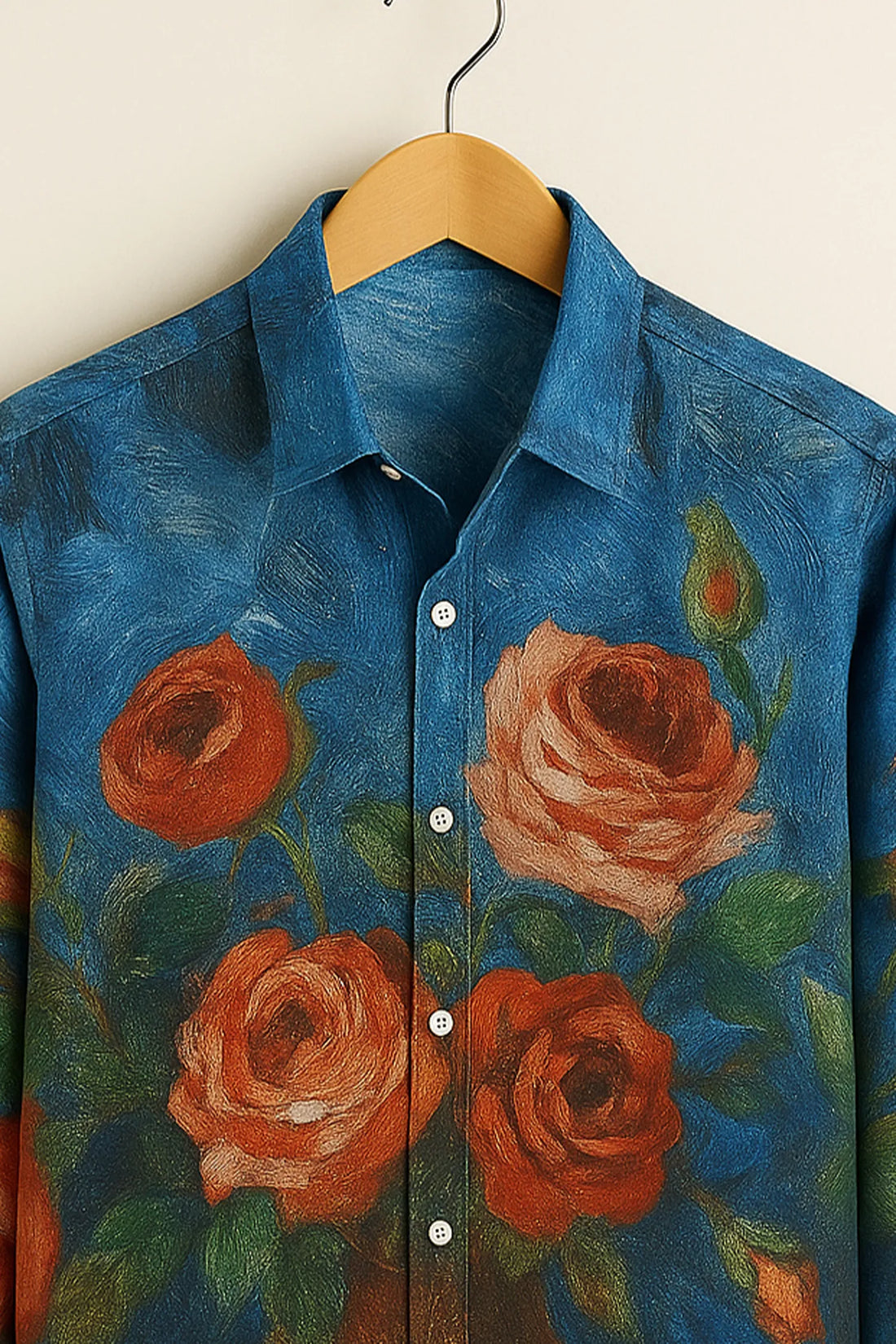 Vincent-Inspired Rose Still Life Printed Full Sleeve Cotton Shirt for Men – Artistic Blue Canvas with Vintage Oil Paint Texture