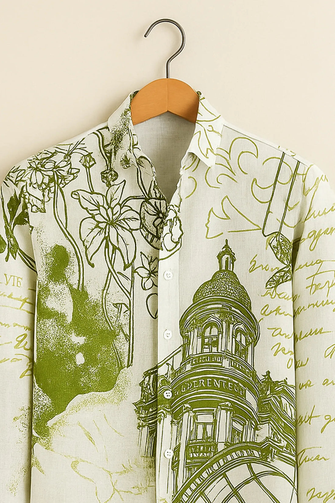 Olive Architectural Print Cotton Shirt