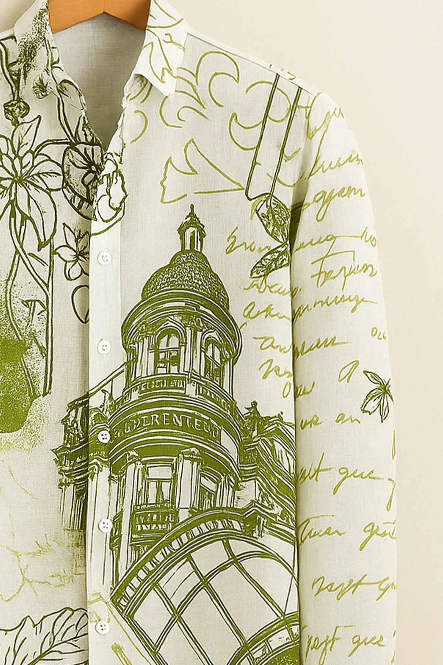 Olive Architectural Print Cotton Shirt